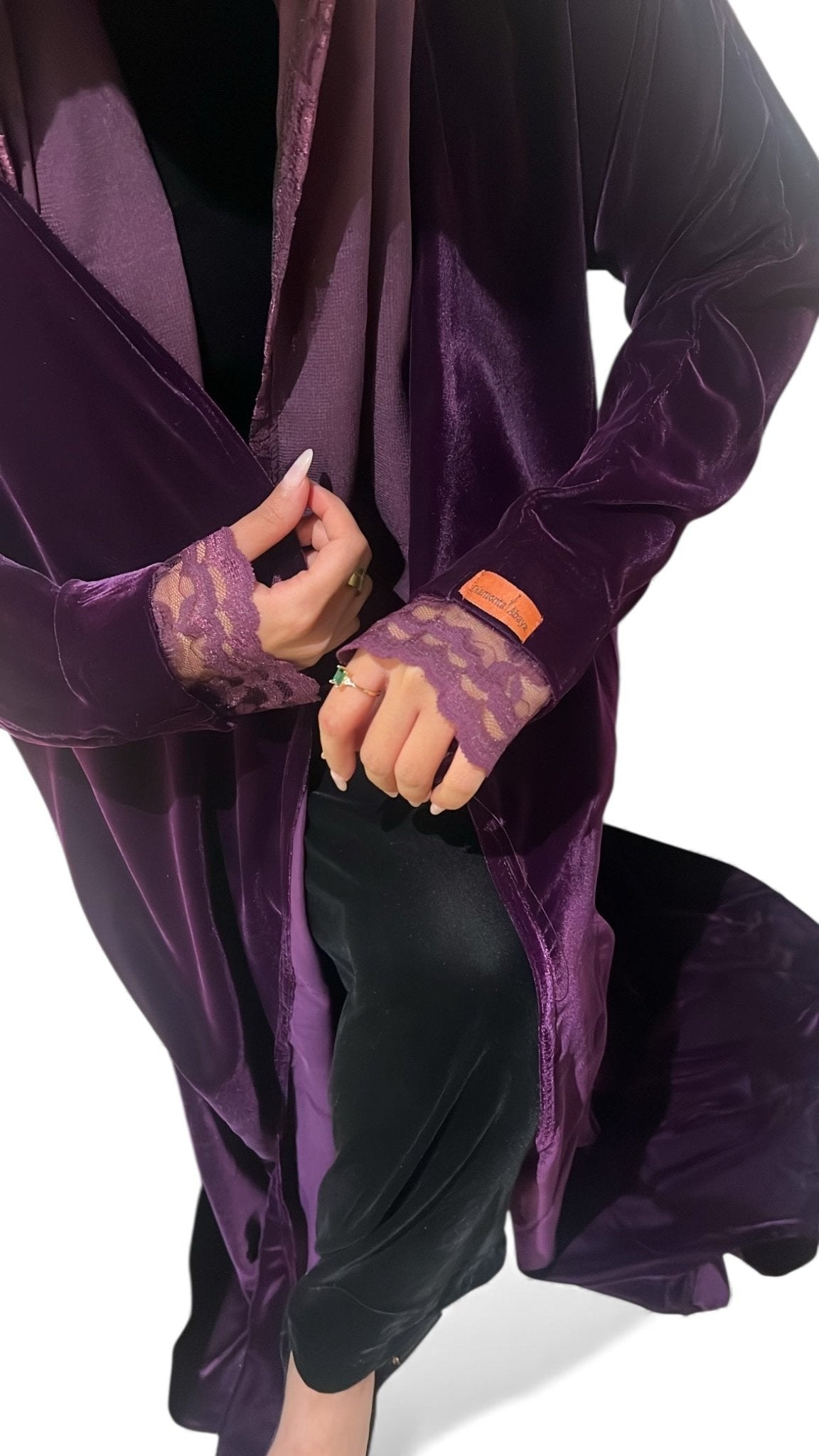 Diamonta - Abaya| عباية شوق مخمل شتوية – تصميم نص كلوش بنفسجي داكن دانتيل - diamonta - abaya